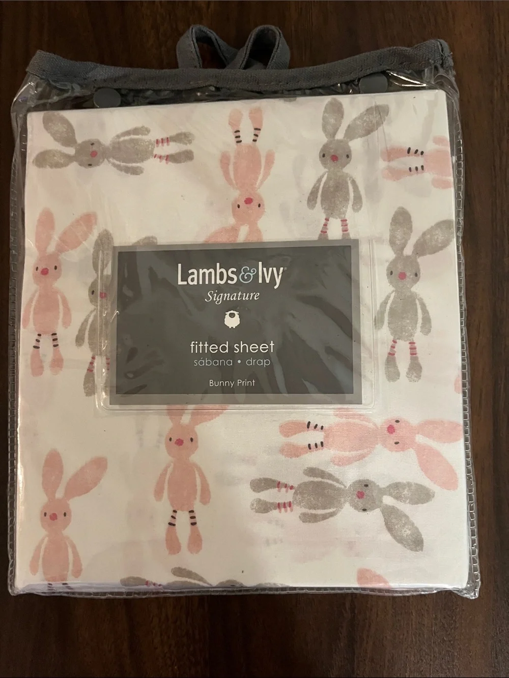 Lambs & Ivy Pink and Gray Bunny Print Fitted Sheet